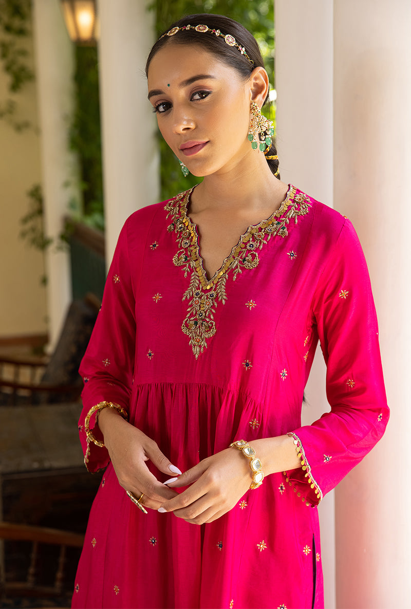Rani Pink Zardozi Front Pleat Aayat Kurta Set