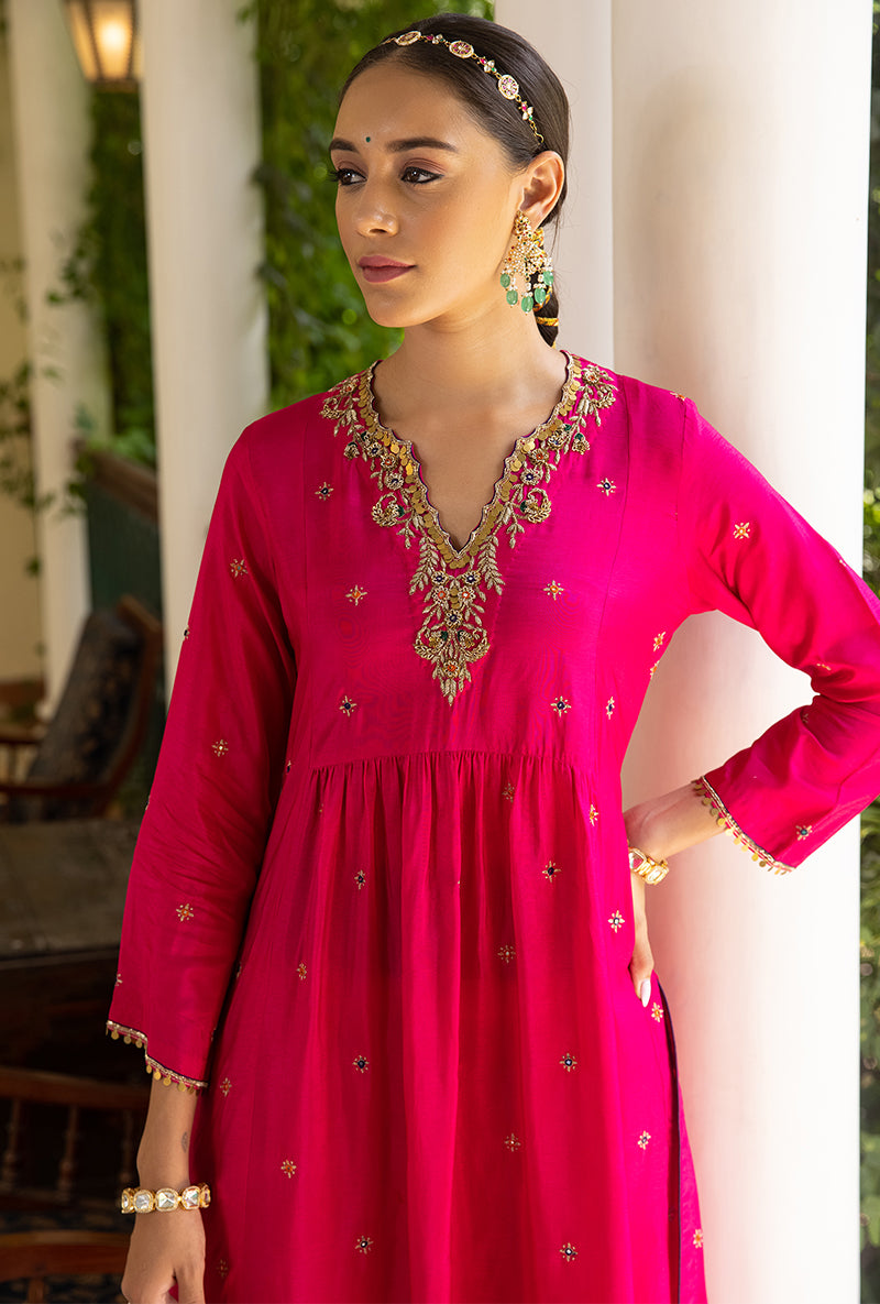 Rani Pink Zardozi Front Pleat Aayat Kurta Set