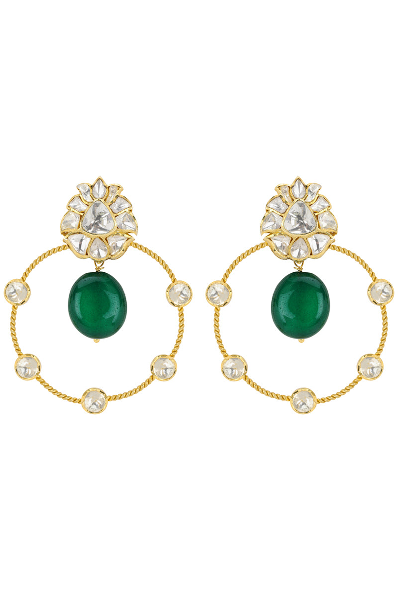 Gold Plated Silver Polki Bali With A Green Oval Pota