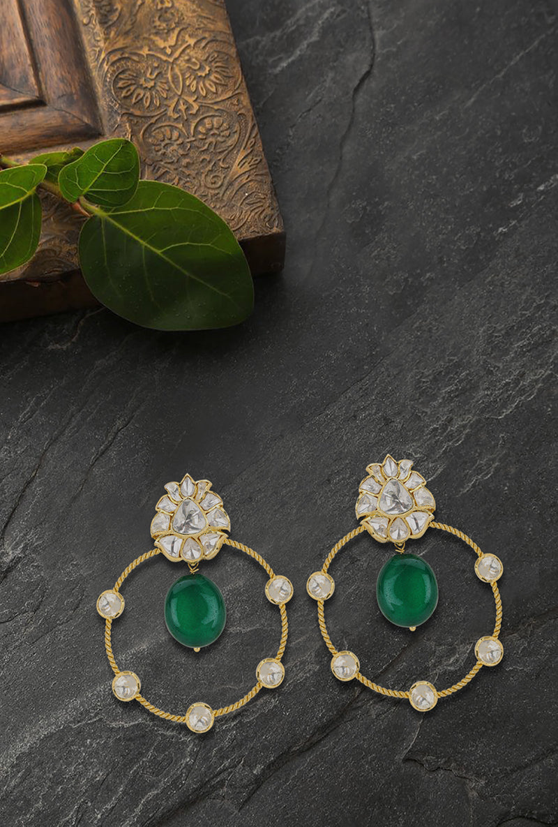 Gold Plated Silver Polki Bali With A Green Oval Pota