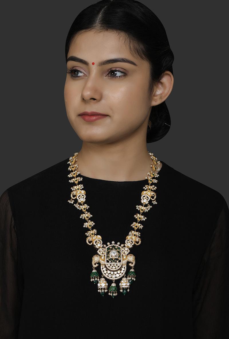 Gold Plated Silver Green Utarai & Polki Elephant Lotif Pendant Necklace With Pearl Drops