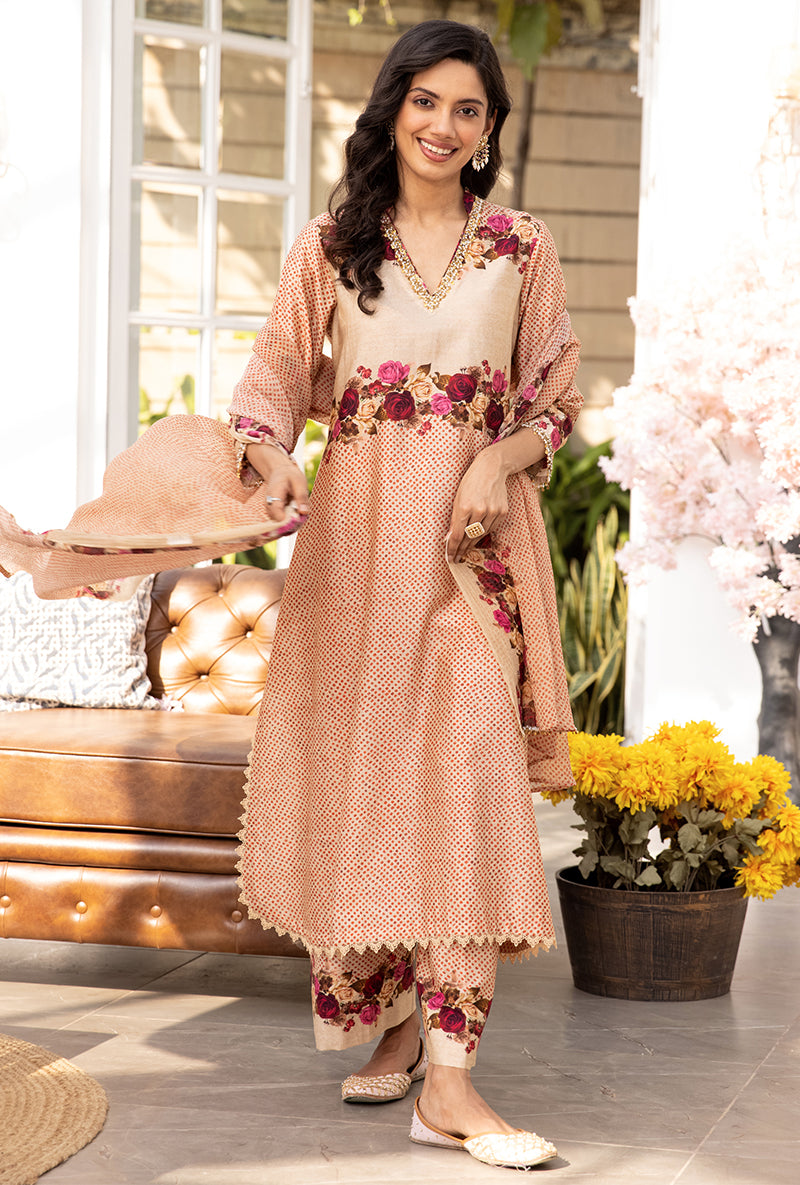 Beige Vintage Rose Suhaani Kurta Set