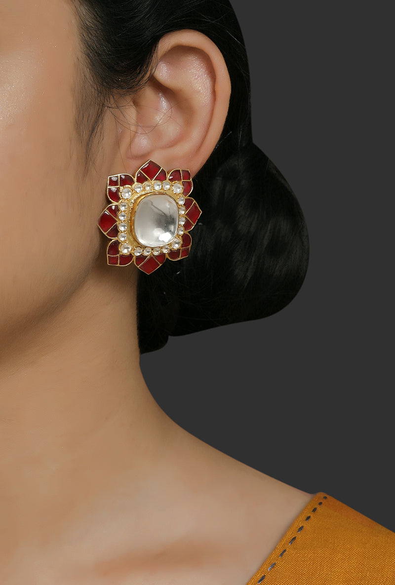 Gold Plated Silver Big Polki Earrings With Red Utarai Leafy Border
