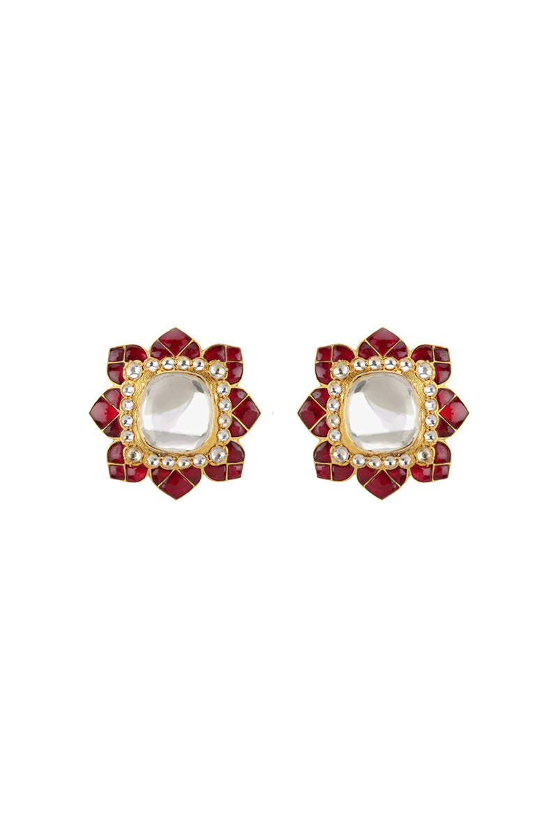 Gold Plated Silver Big Polki Earrings With Red Utarai Leafy Border