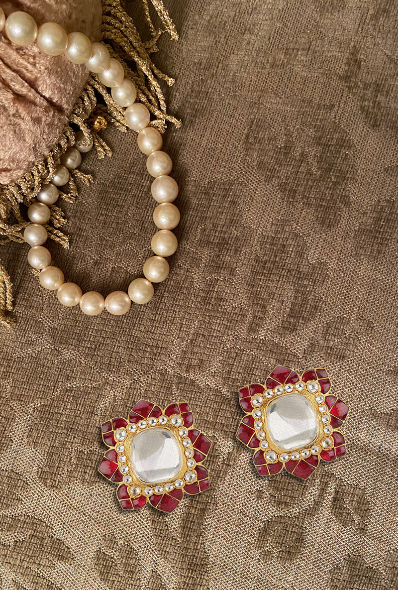 Gold Plated Silver Big Polki Earrings With Red Utarai Leafy Border