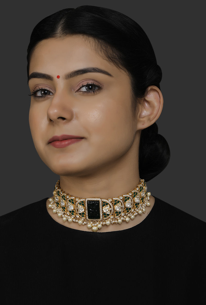 Green Carved Stone & Green Utrai With Bellur Polki Choker Strung With Freshwater Pearl Drops