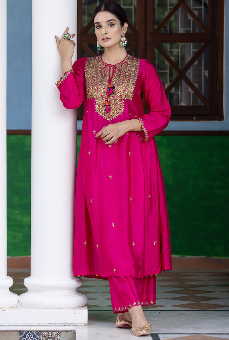 Rani Pink Heavy Tikki Neck Aayat Kurta Set