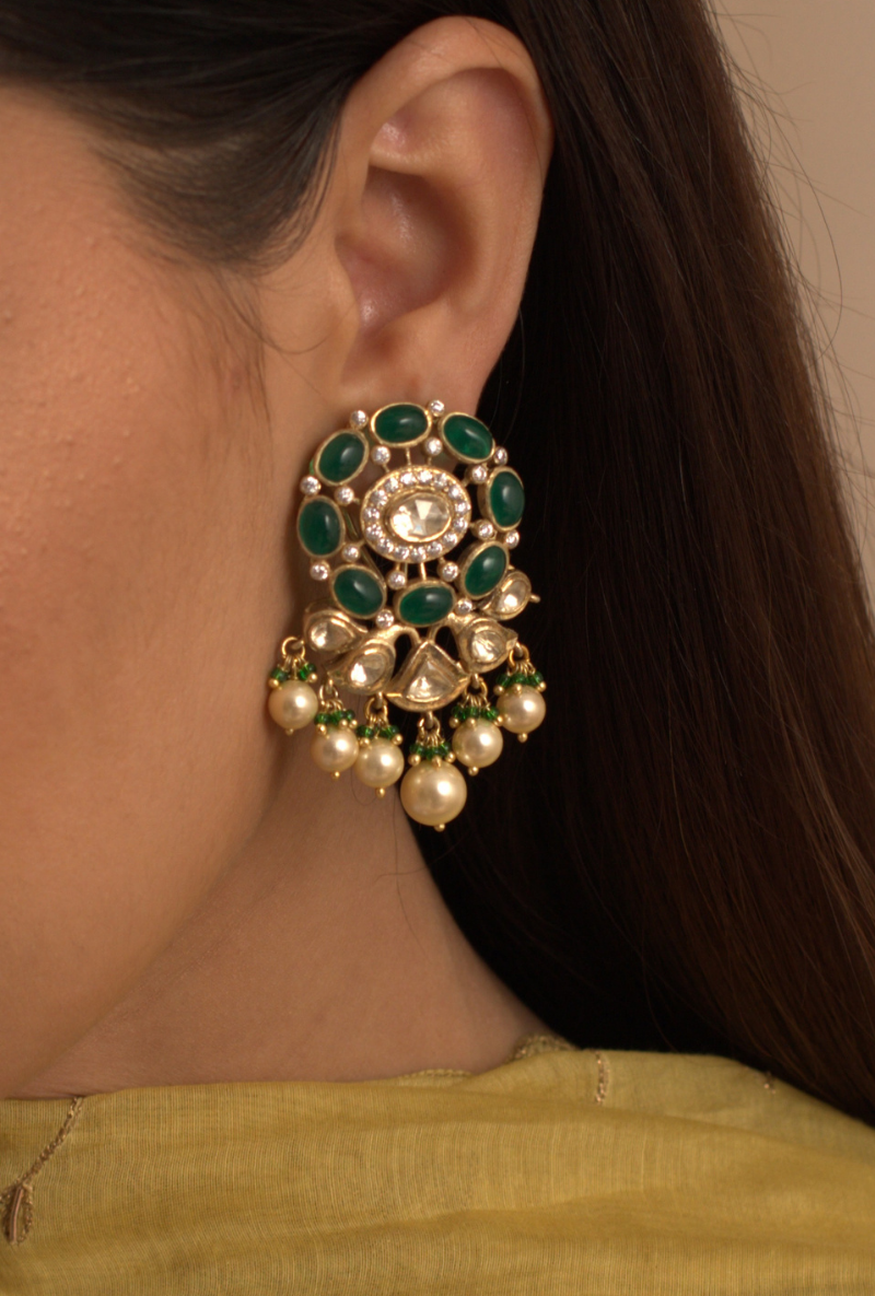 Polki & Green Stone Gold Plated Silver Earrings With Pearl Drops