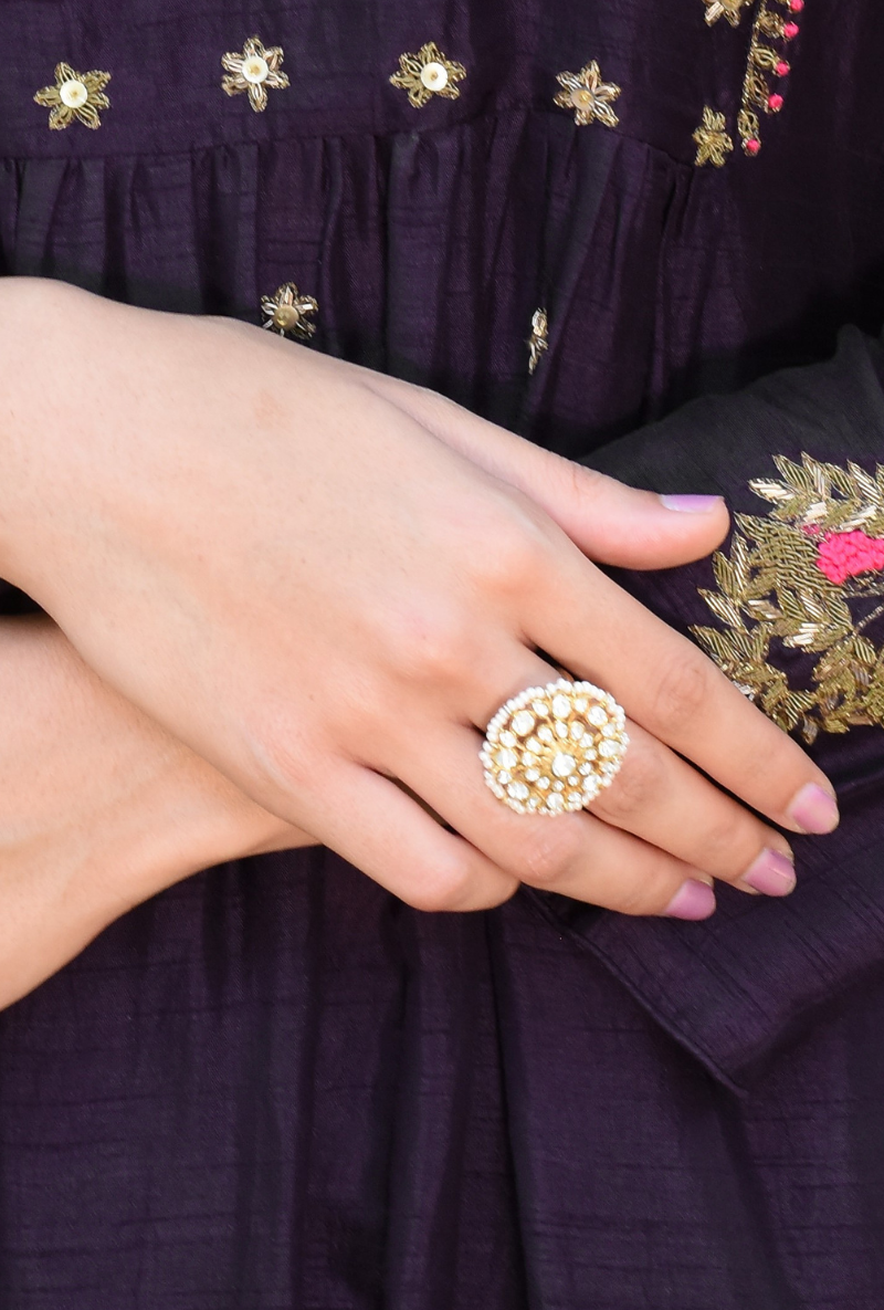 All White Polki Gold Plated Silver Floral Motif Ring