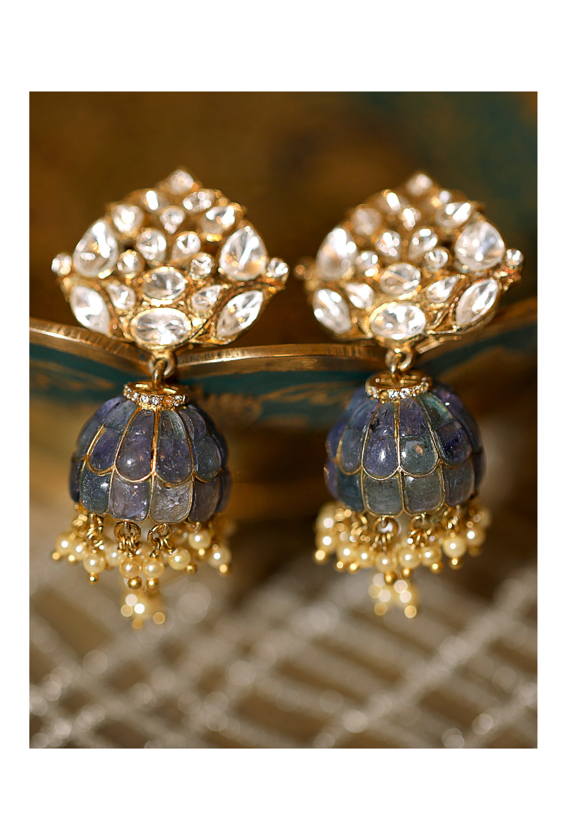 Blue Sapphire & Polki Gold Plated Silver Jhumki