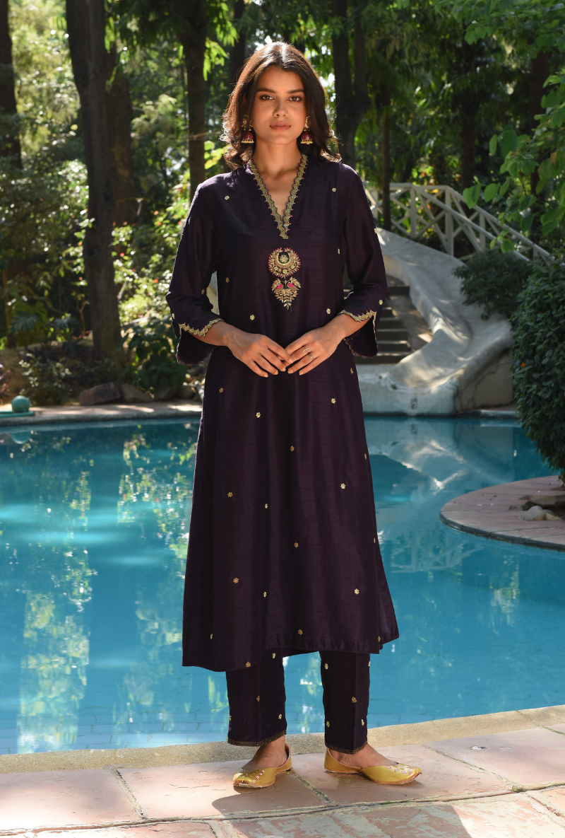 Purple Chaand Motif Kurta Set