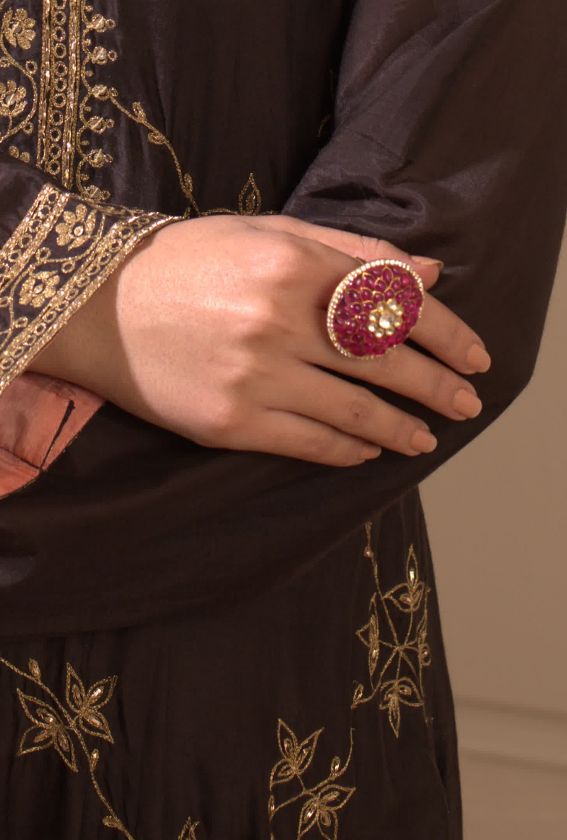 Gold Plated Silver Ring With Red Stones & Polki