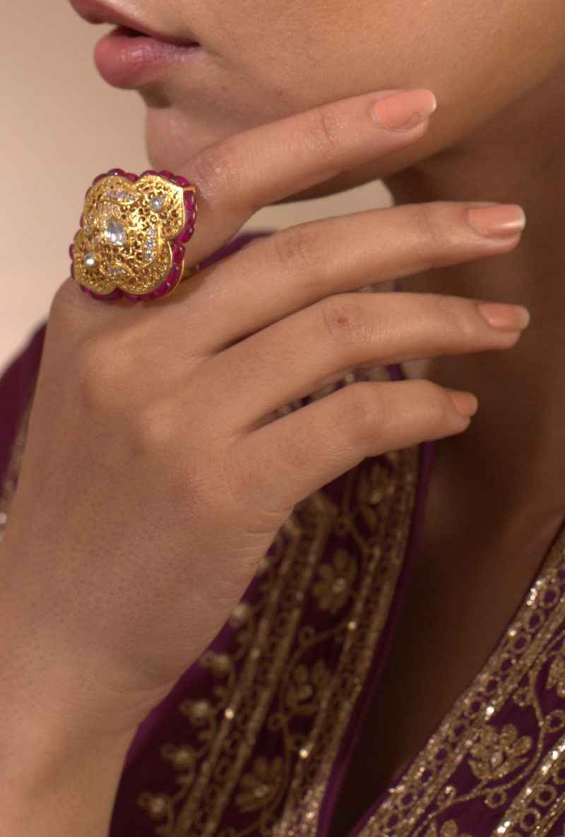 Gold Plated Silver Jaali Ring With Red Stones & Polki