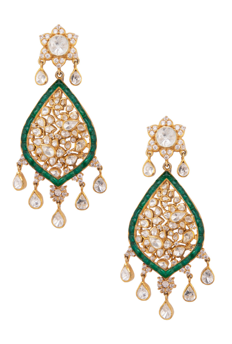 Polki & Green Stone Gold Plated Silver Earrings