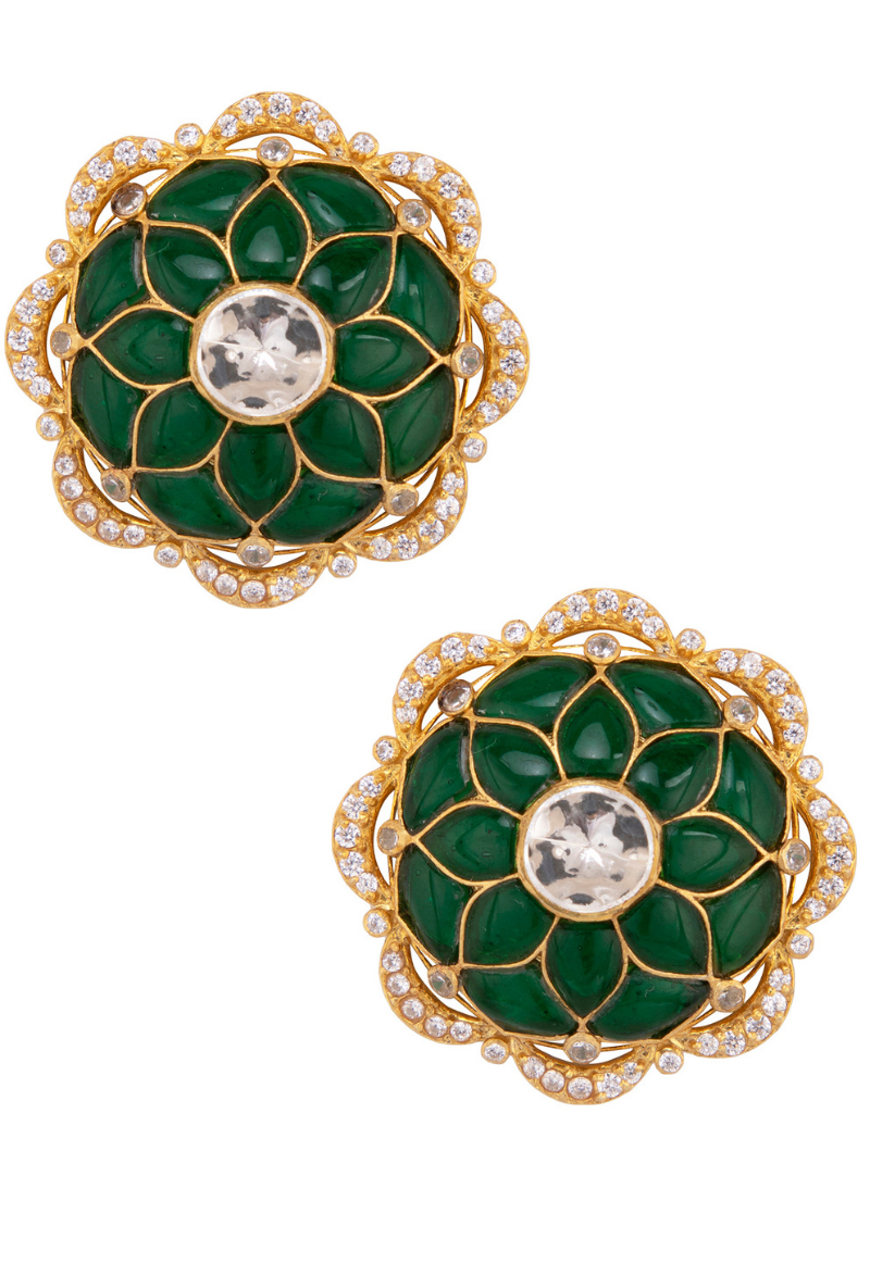 Polki & Green Stone Gold Plated Silver Ear Studs