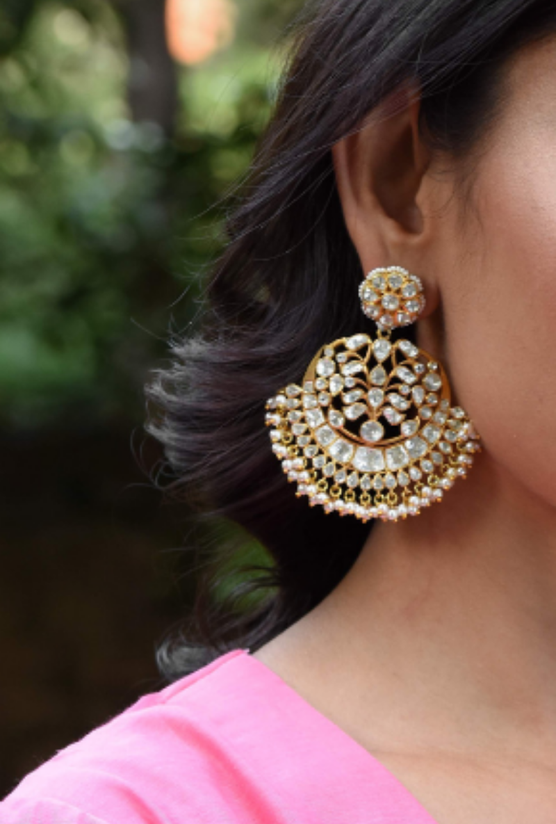 All White Polki Gold Plated Silver Chandbalis With Pearl Drops