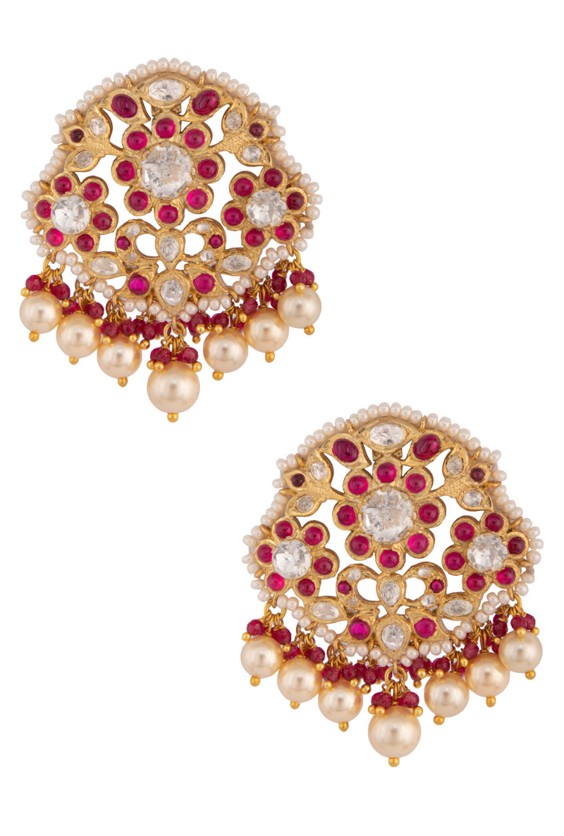 Gold Plated Silver Polki & Red Stone Earrings With Fresh Water Pearl Drops