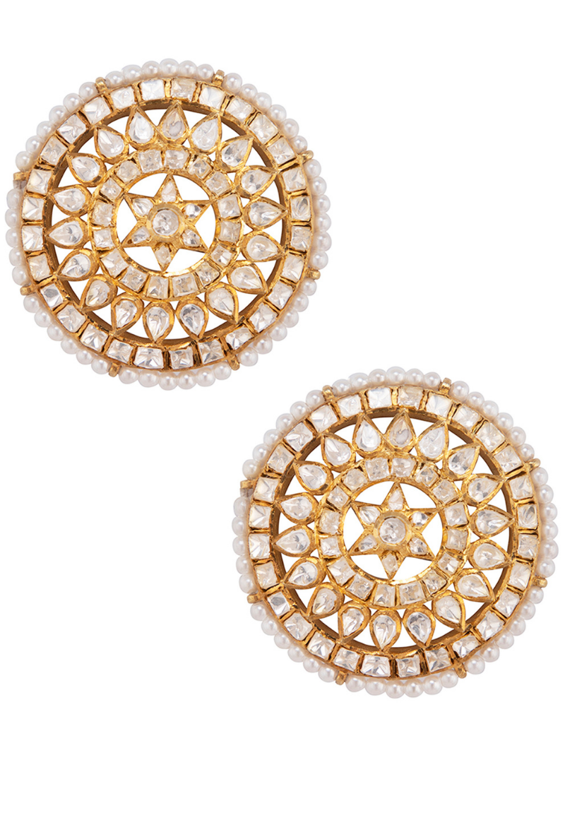 Gold Plated Silver Round Ear Studs With All White Mix Shape Polkis