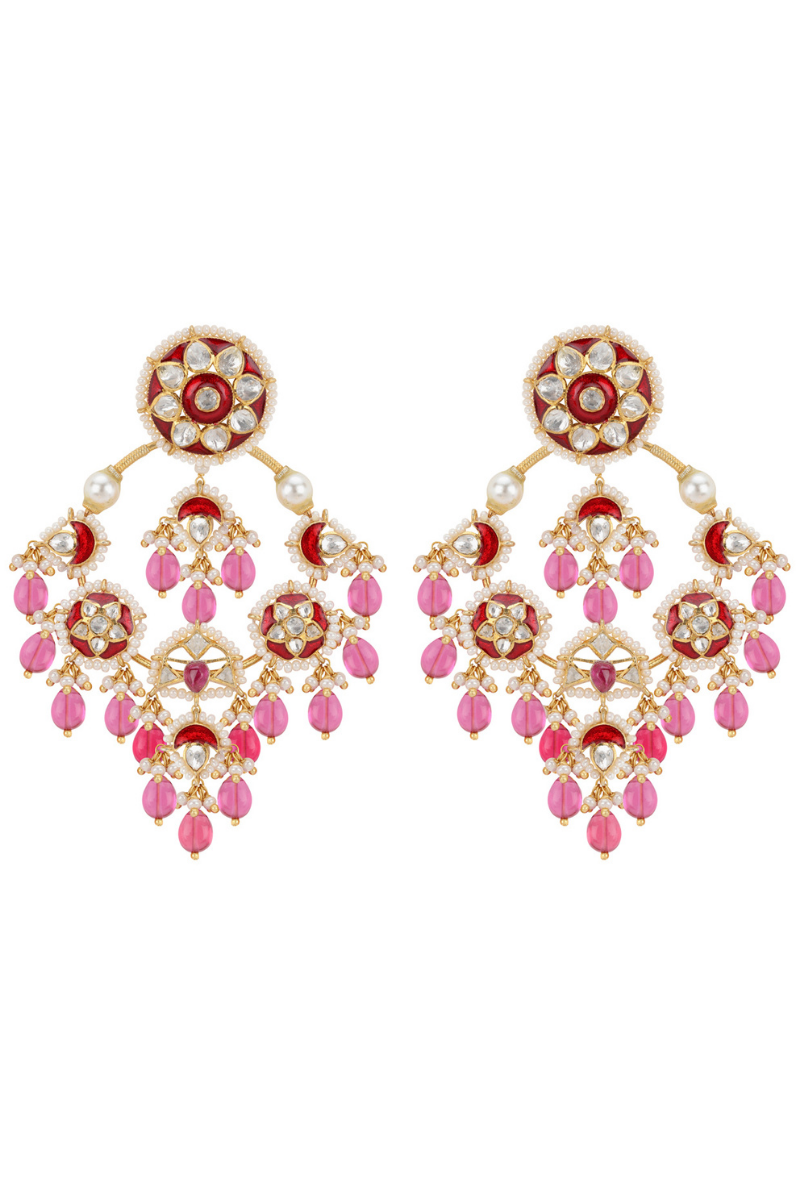 Gold Plated Silver Tourmaline & Ruby Bead Chandbali With Red Enamel