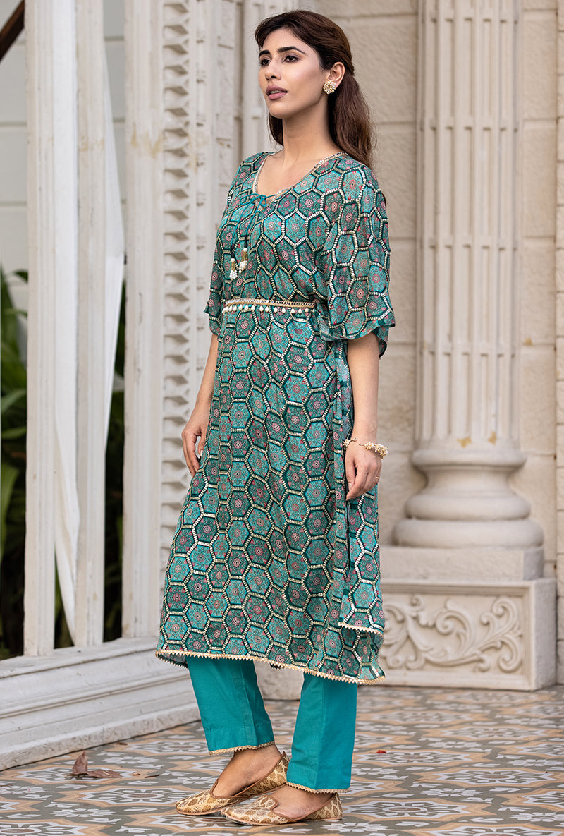 Green Bandhani Print Sitara 2.0 Kaftan Set
