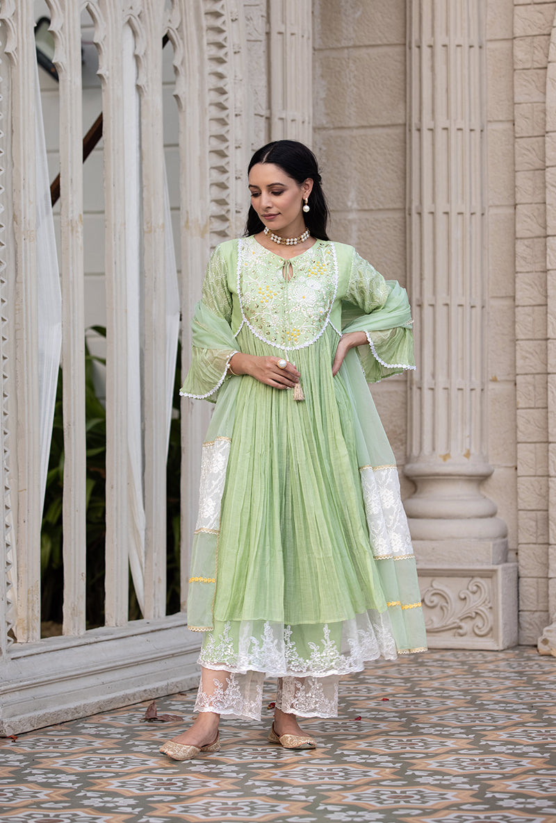 Green Thread And Pearl Yoke Kurta Set