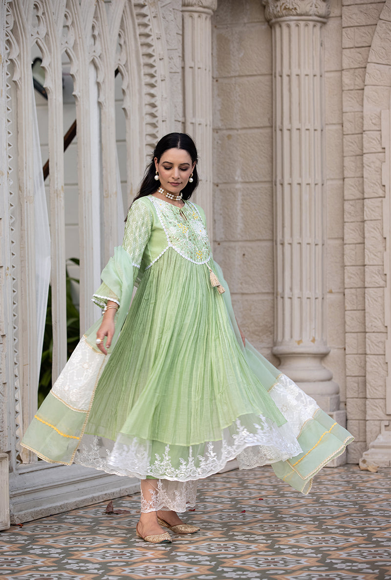 Green Thread And Pearl Yoke Kurta Set