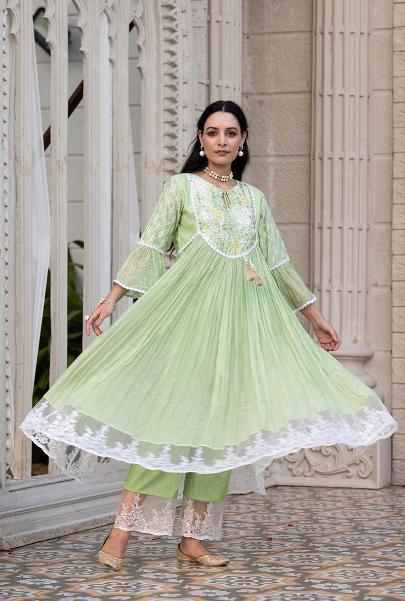 Green Thread And Pearl Yoke Kurta Set