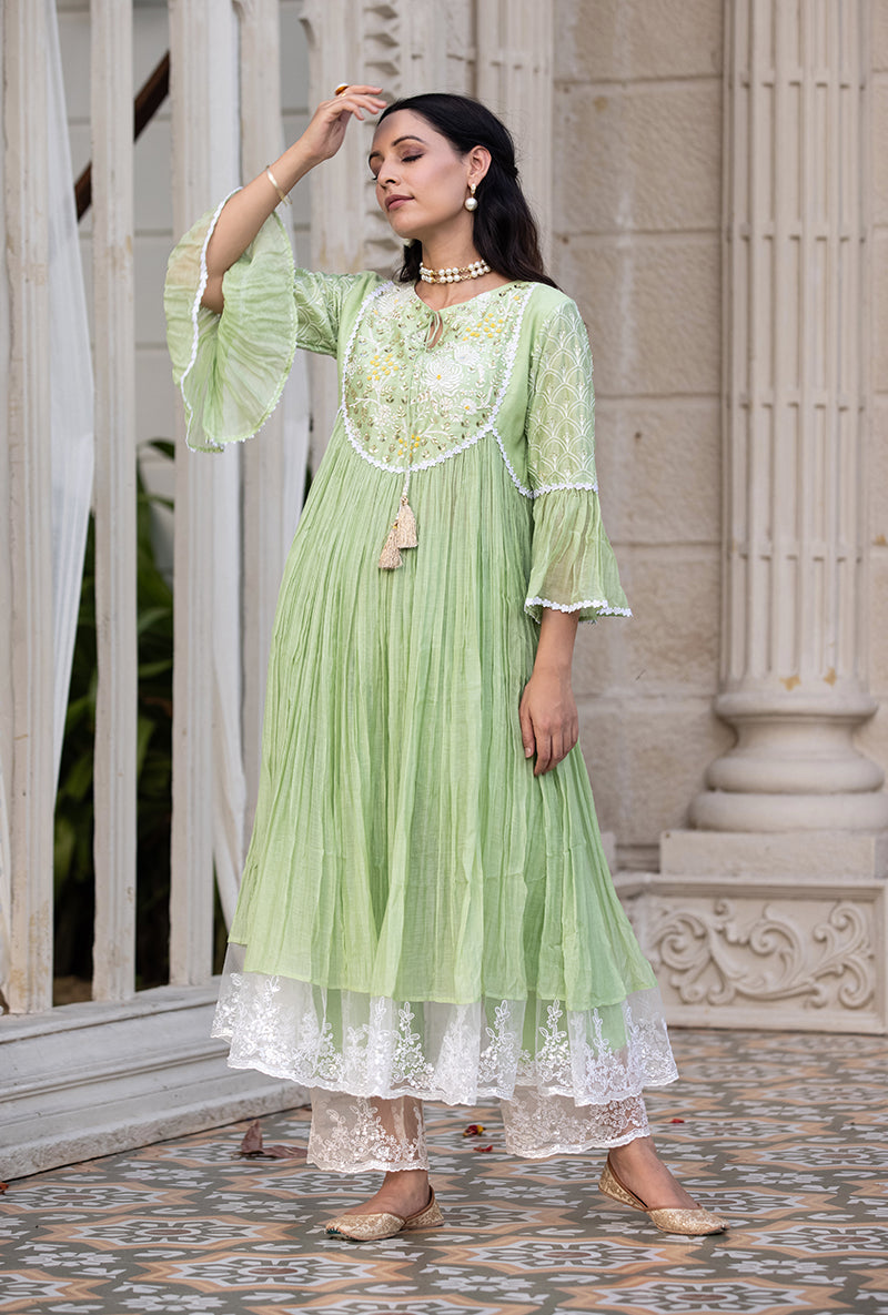 Green Thread And Pearl Yoke Kurta Set