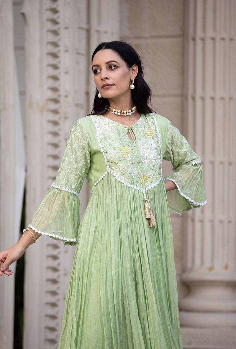 Green Thread And Pearl Yoke Kurta Set