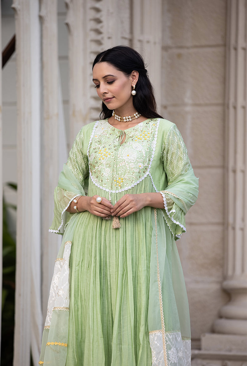 Green Thread And Pearl Yoke Kurta Set