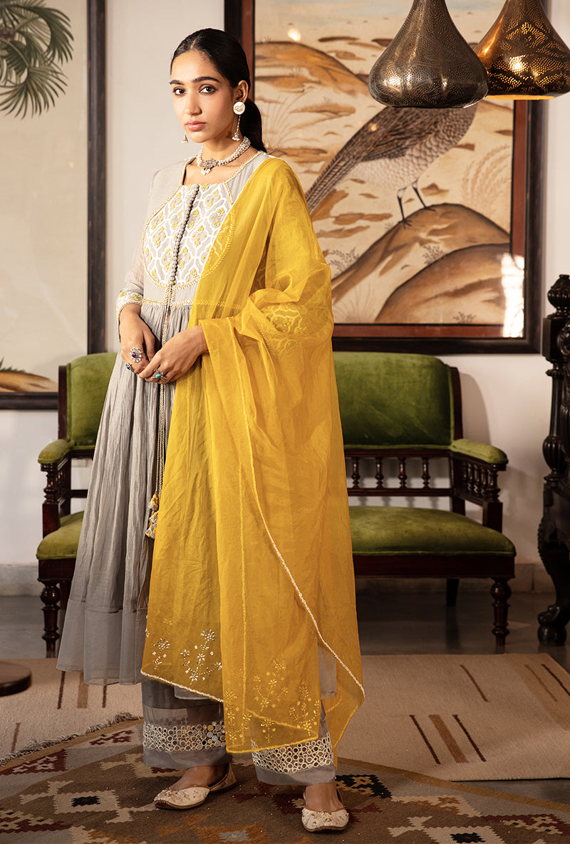 Grey And Yellow Pearl Sequin Kurta Set