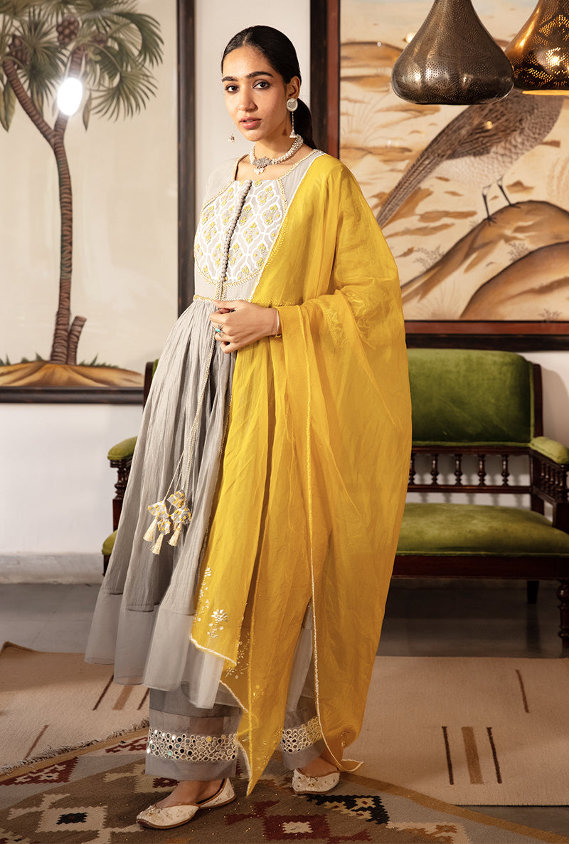 Grey And Yellow Pearl Sequin Kurta Set
