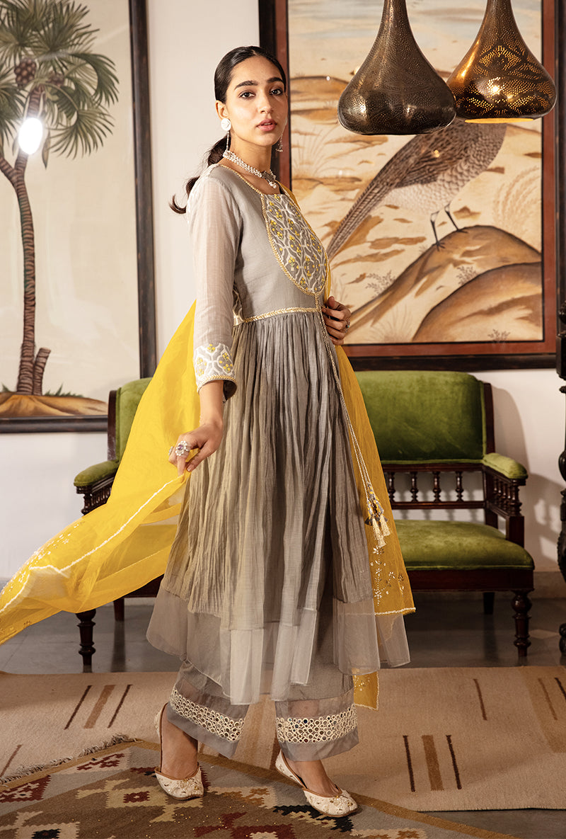 Grey And Yellow Pearl Sequin Kurta Set