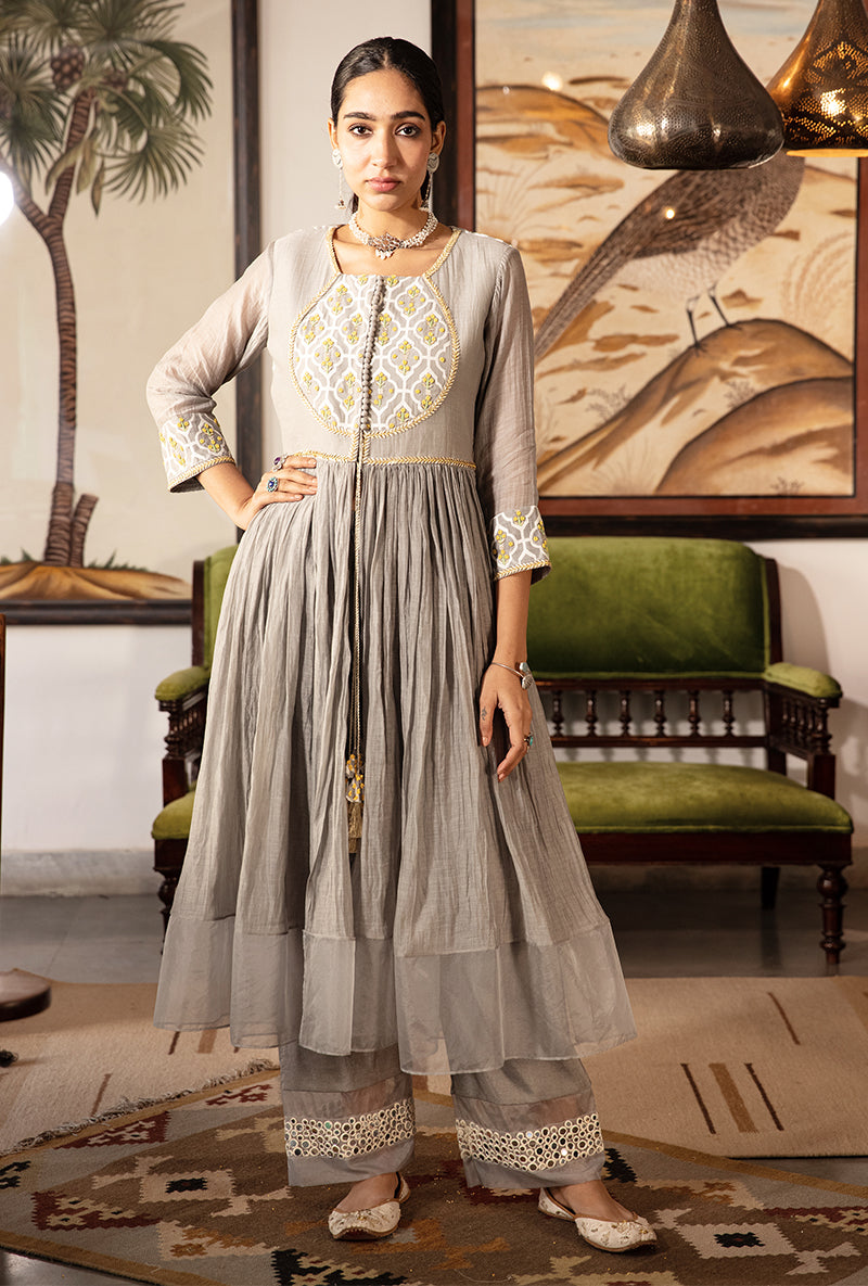 Grey And Yellow Pearl Sequin Kurta Set