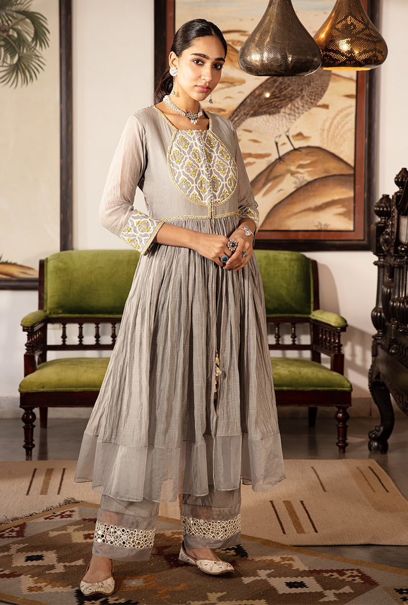 Grey And Yellow Pearl Sequin Kurta Set