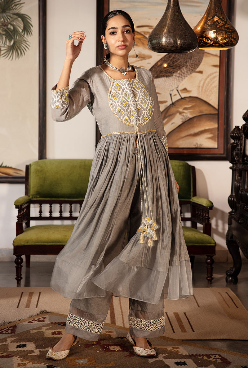 Grey And Yellow Pearl Sequin Kurta Set
