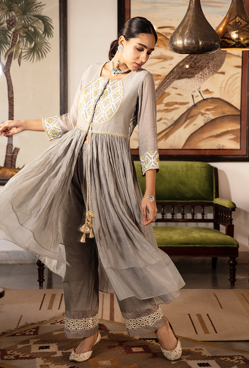 Grey And Yellow Pearl Sequin Kurta Set