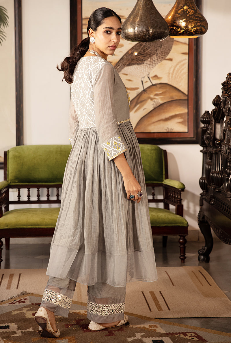 Grey And Yellow Pearl Sequin Kurta Set