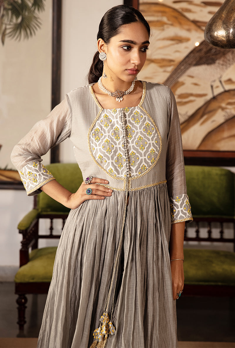 Grey And Yellow Pearl Sequin Kurta Set