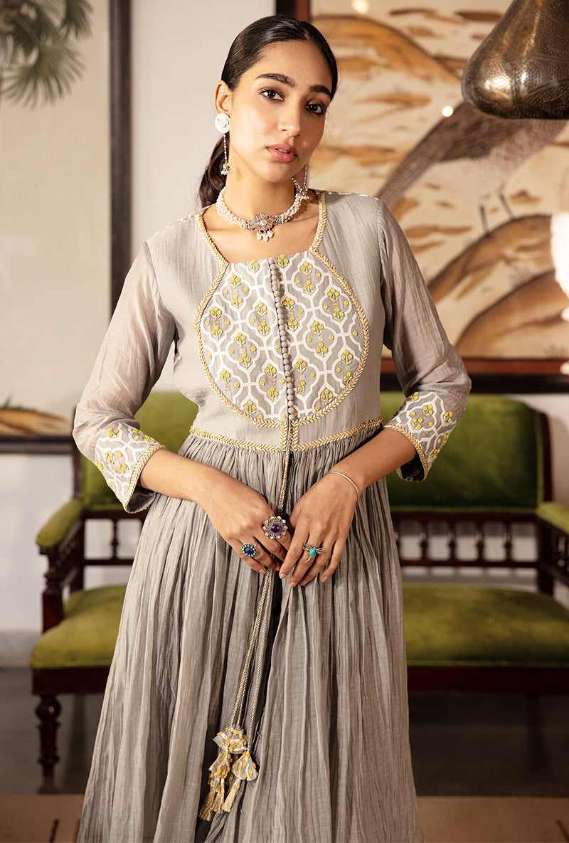 Grey And Yellow Pearl Sequin Kurta Set