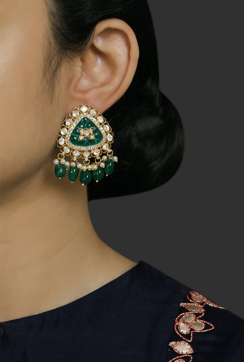Gold Plated Silver Triangular Earrings With Polki Around it & Emerald Drops