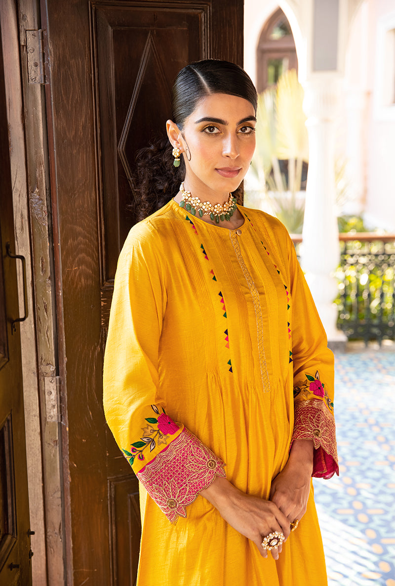 Mustard Applique Lotus Sleeves Sunehri Kurta Set