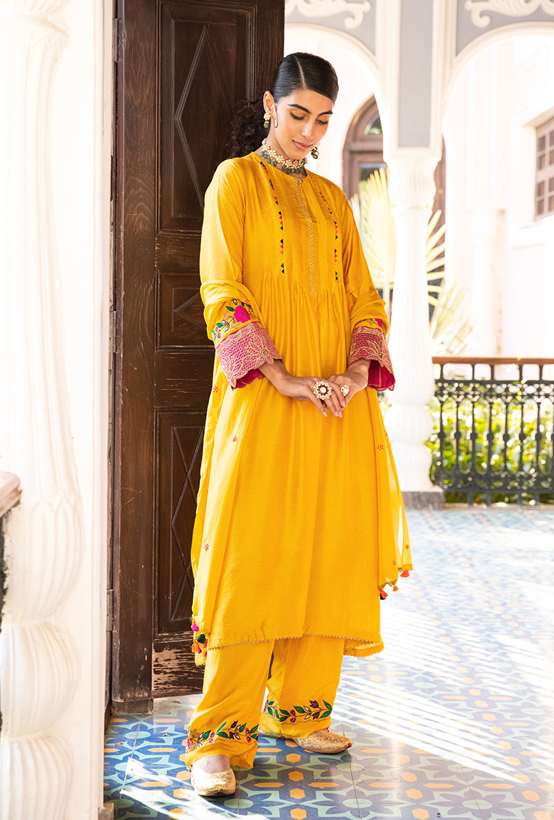 Mustard Applique Lotus Sleeves Sunehri Kurta Set