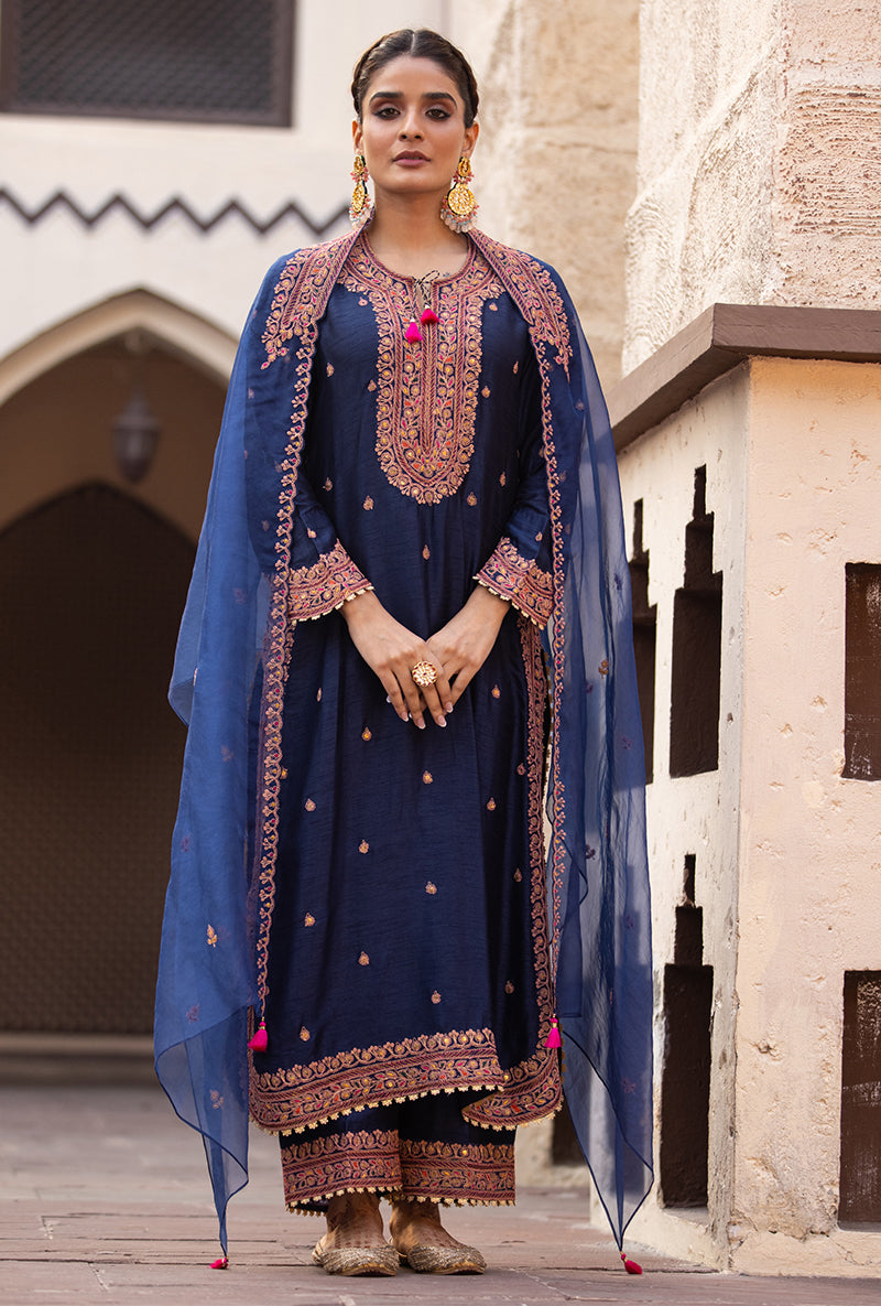 Navy Heavy Marodi Long Ulfat Kurta Set