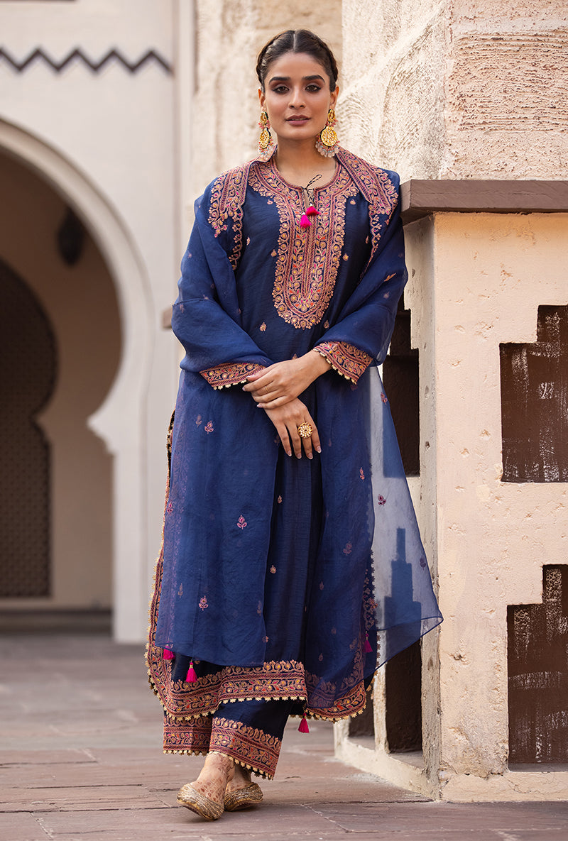 Navy Heavy Marodi Long Ulfat Kurta Set