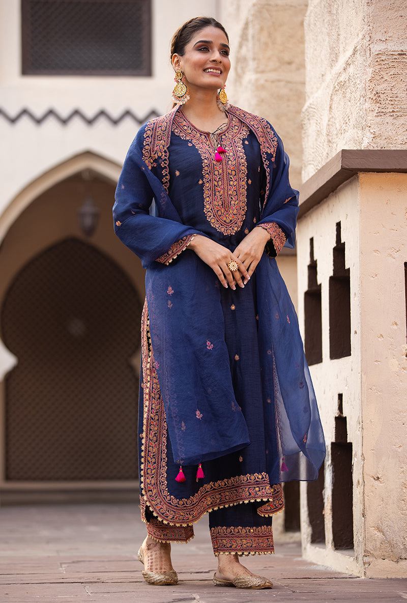 Navy Heavy Marodi Long Ulfat Kurta Set