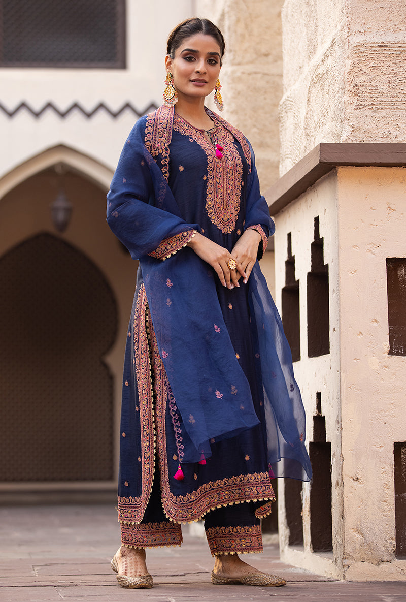 Navy Heavy Marodi Long Ulfat Kurta Set
