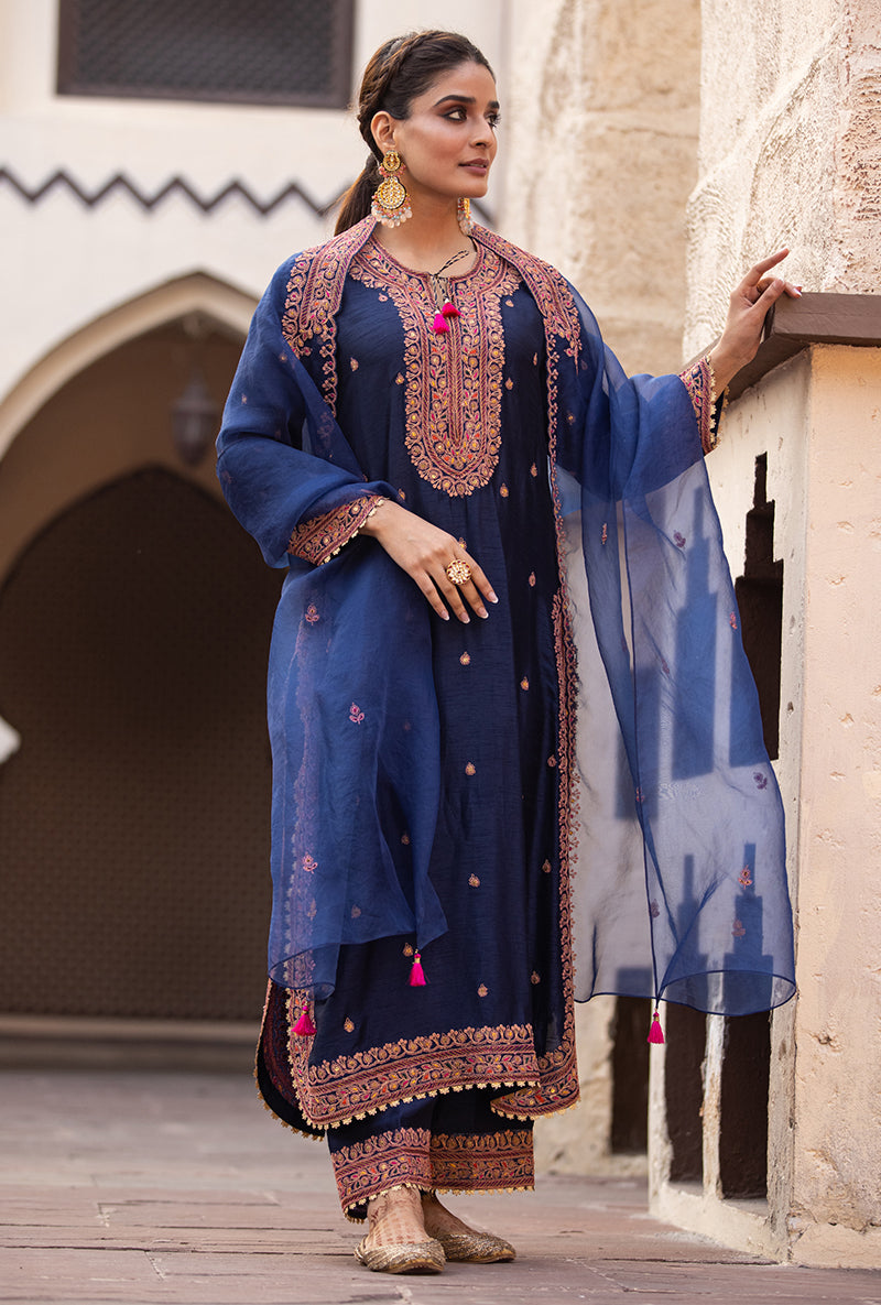 Navy Heavy Marodi Long Ulfat Kurta Set