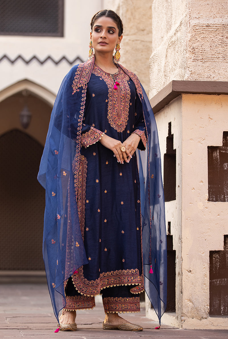 Navy Heavy Marodi Long Ulfat Kurta Set