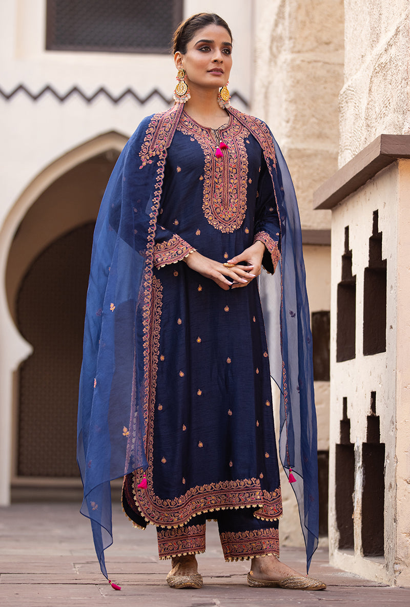 Navy Heavy Marodi Long Ulfat Kurta Set
